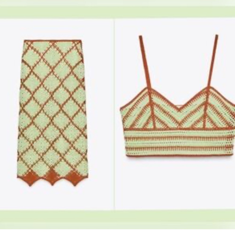 Elegant Green and Brown crocheted Checkered Skirt and top set - Picture 3 of 16